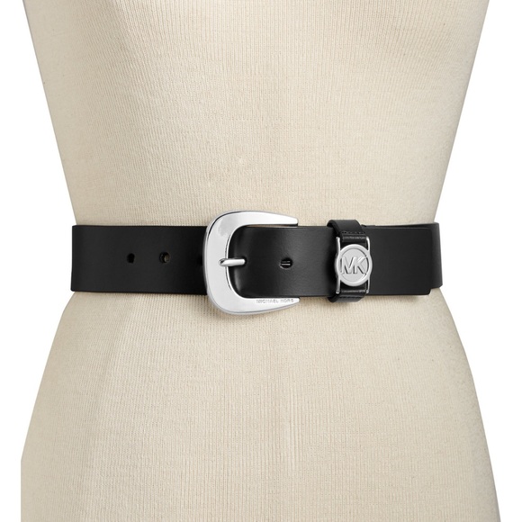 Michael Kors Leather Belt with MK Cutout Logo Disc belt